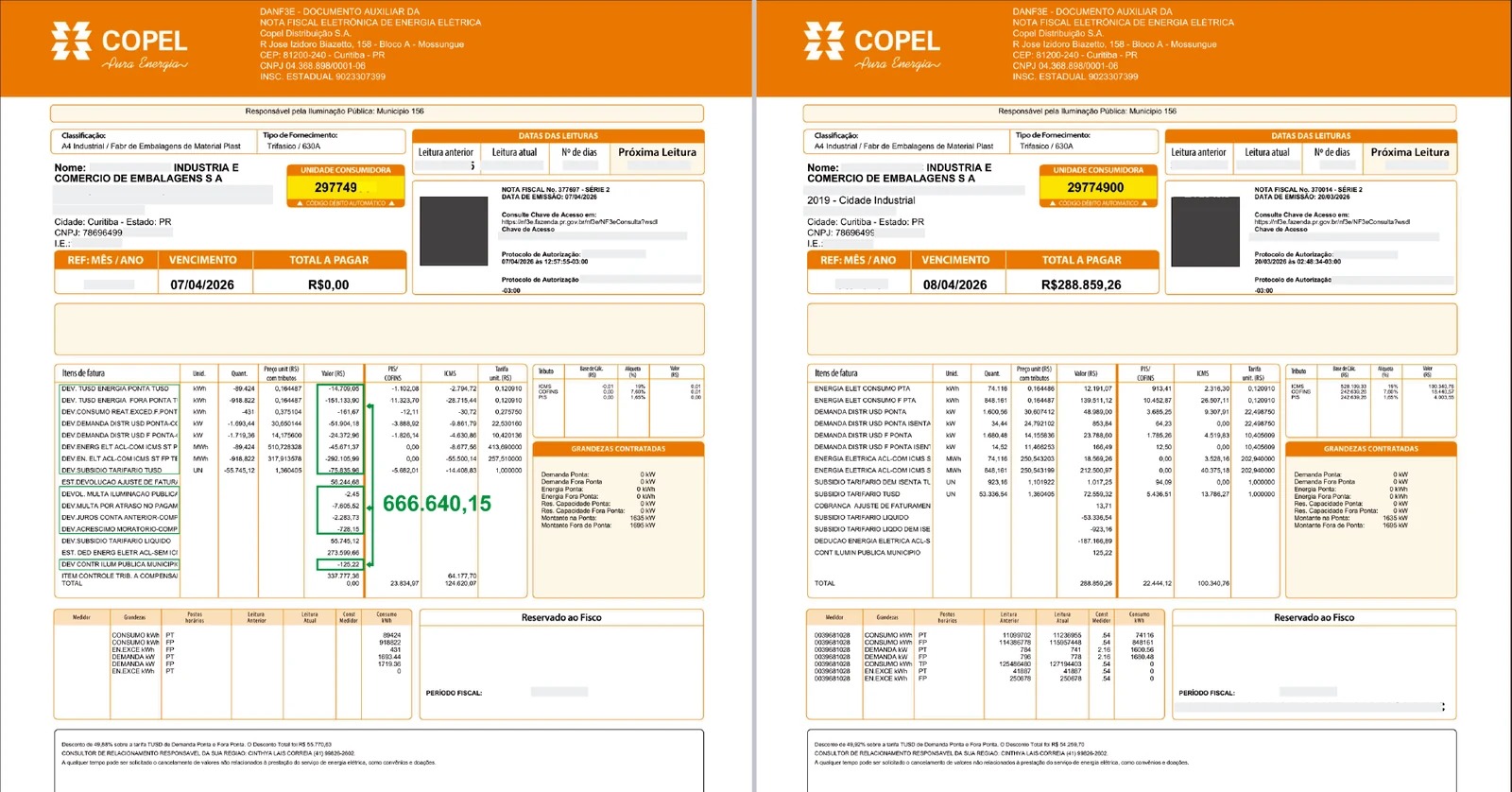 Comparativo de faturas COPEL anonimizadas com valor recuperado destacado