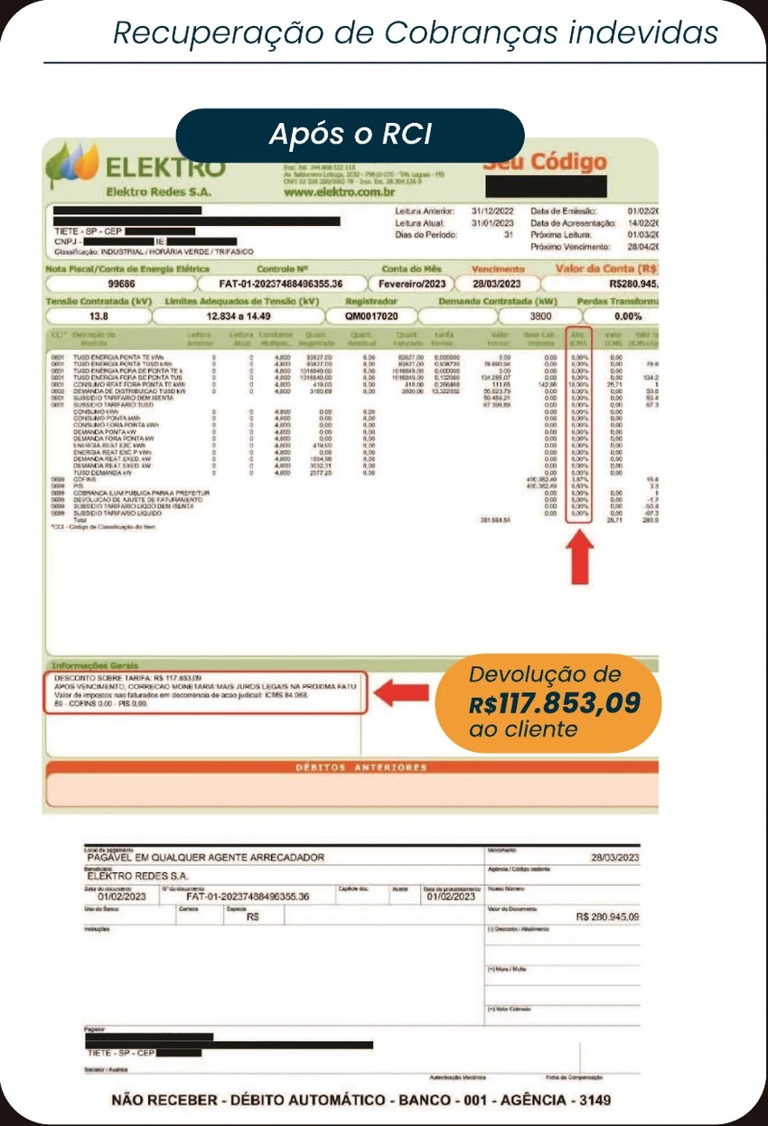Fatura Elektro anonimizada com valor devolvido ao cliente destacado